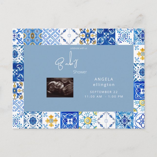 Mediterrane Tile Ultrasound Blue Baby Dusche Einladungspostkarte (Vorderseite)