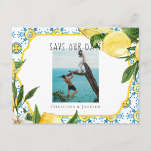Mediterrane Tile und Lemon Couple Foto Hochzeit Ankündigungspostkarte