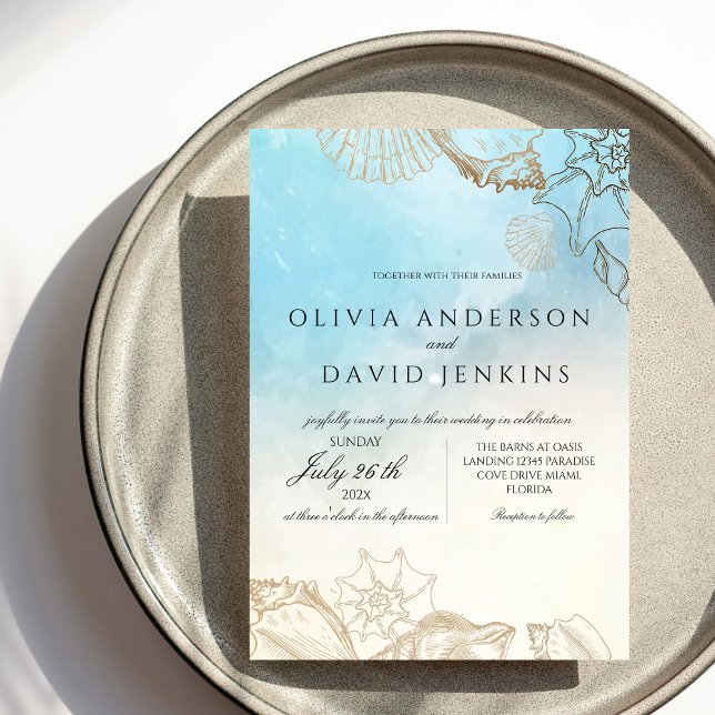 Mediterrane Wasserfarbe Elegante Hochzeit Einladung (Von Creator hochgeladen)