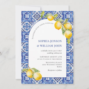 Mediterrane Zitronen Blau Tiles Wedding Foto Einladung