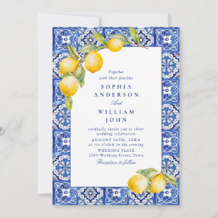 Mediterrane Zitronen Blau Tiles Wedding Foto Einladung
