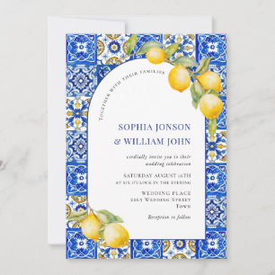 Mediterrane Zitronen Blau Tiles Wedding Foto Einladung