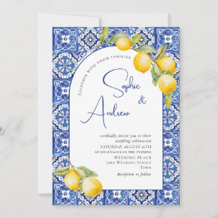 Mediterrane Zitronen Blau Tiles Wedding Foto Einladung
