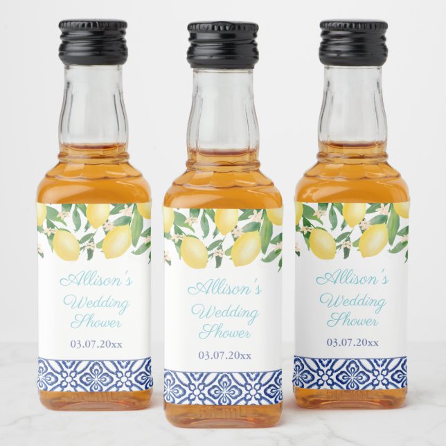 Mediterrane Zitronen Blaue Fliesen Aquamarines Bra Alkoholflaschenetikett (Flaschen)