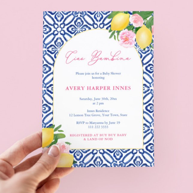 Mediterrane Zitronen Pink Girl Babydusche Einladung (Ciao Bambina! Pretty blue and pink citrus inspired girl baby shower invitation with trendy arch)