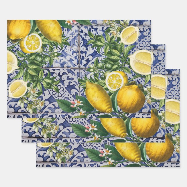 Mediterrane Zitronen Sommer Portugiesische Fliesen Geschenkpapier Set (Set)