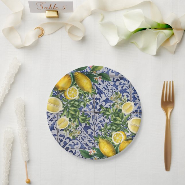 Mediterrane Zitronen Sommer Portugiesische Fliesen Pappteller (Hochzeit)