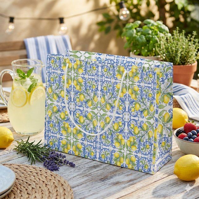 Mediterranean Amalfi Coast Blue Tile Lemon Große Geschenktüte (Mediterranean Amalfi Coast Blue Tile Lemon Large Gift Bag )