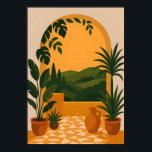Mediterranean Arched Garden View Wall Art Poster<br><div class="desc">This elegant illustration captures the serene beauty of a Mediterranean patio looking out over rolling green hills. Featuring a warm terracotta palette, lush tropical plants, and a classic stone archway, it brings a peaceful and sun-drenched atmosphere to any living space or office. Perfect for fans of minimalist bohemian design and...</div>