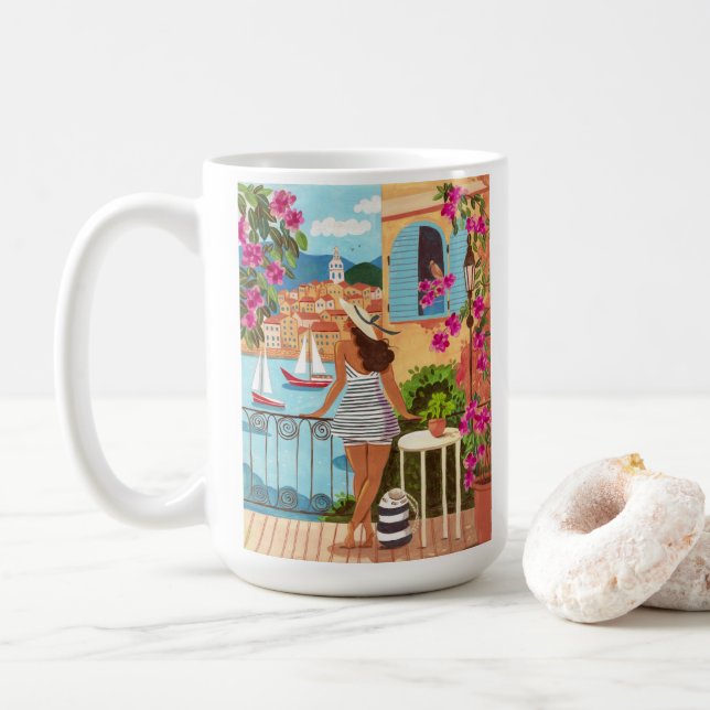 Mediterranean Balcony Illustration Coffee Kaffeetasse (Mit Donut)