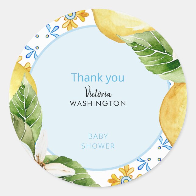 Mediterranean Blue & Lemons Baby Dusche Vielen Dan Runder Aufkleber (Vorderseite)