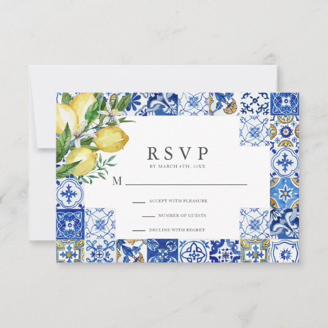 Mediterranean Blue Tile Citrus Lemon Wedding RSVP Karte (Vorderseite)