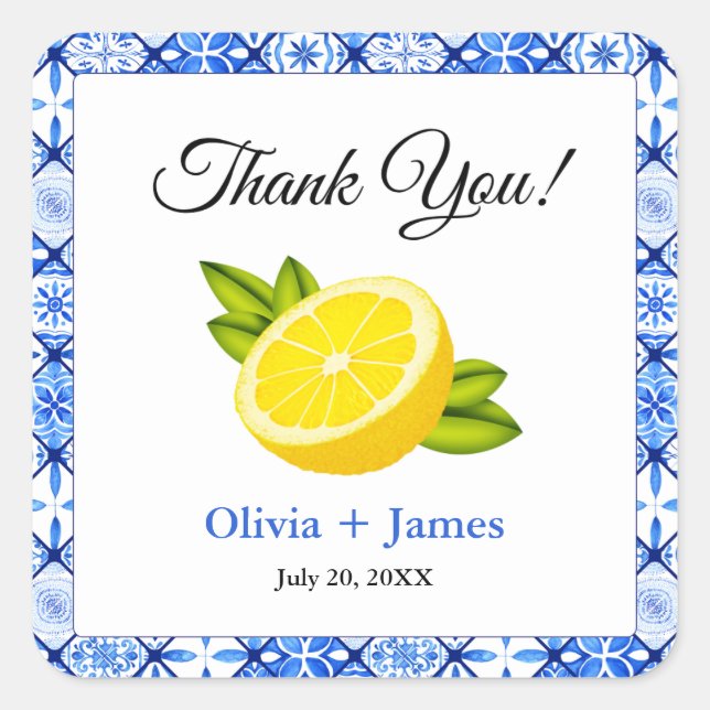 Mediterranean Blue Tile Lemon Vielen Dank für Ihre Quadratischer Aufkleber (Vorderseite)