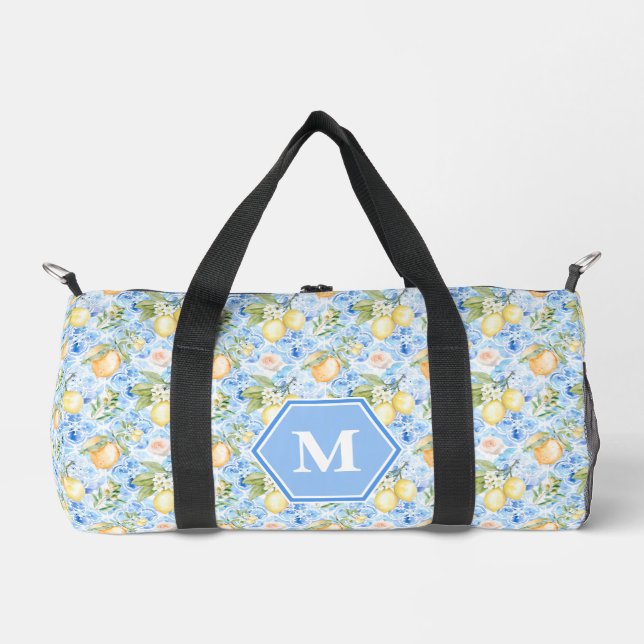 Mediterranean Blue Tile Limoncello Monogram Name Duffle Bag (Vorderseite)