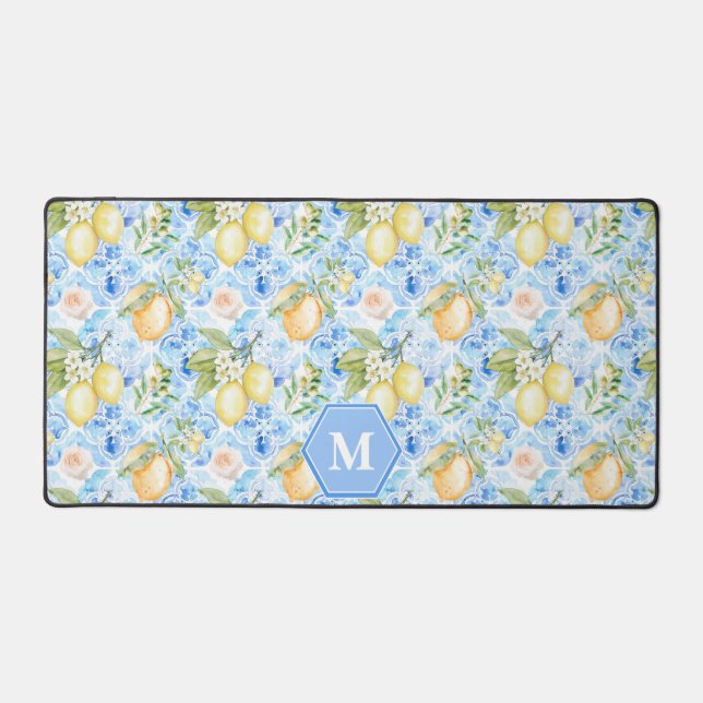 Mediterranean Blue Tile Limoncello Monogram Name Schreibtischunterlage (Vorderseite)
