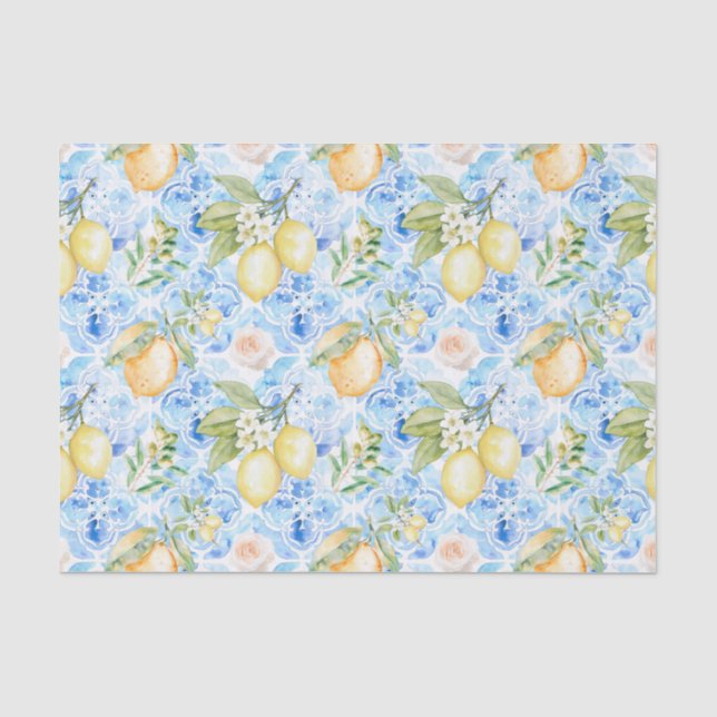 Mediterranean Blue Tile Yellow Lemon Watercolor Seidenpapier (Vorderseite)