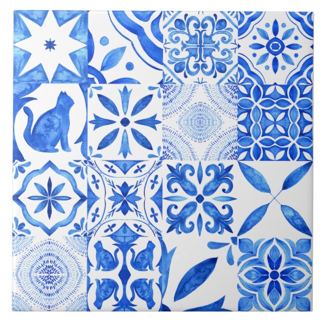 Mediterranean Blue White Tile Pattern Watercolor  Fliese (Vorderseite)