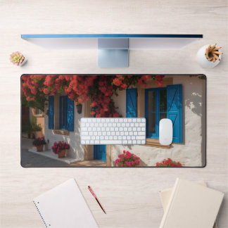Mediterranean Blue Window Floral House Desk Mat Schreibtischunterlage