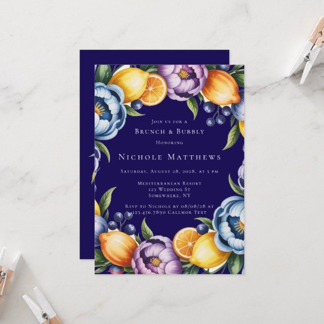 Mediterranean Citrus Bouquet Brunch & Bubbly Einladung (Vorderseite/Rückseite Beispiel)