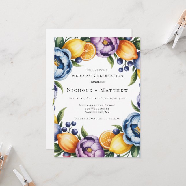 Mediterranean Citrus Bouquet Wedding Einladung (Vorderseite/Rückseite Beispiel)