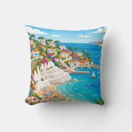 Mediterranean Coastal Village Beach Throw Pillow Kissen