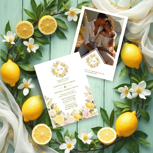 Mediterranean Flowers and Lemons Wedding Photo Einladung (Mediterranean Flowers and Lemons Wedding Initials Invitations Cards with Back Photo.)