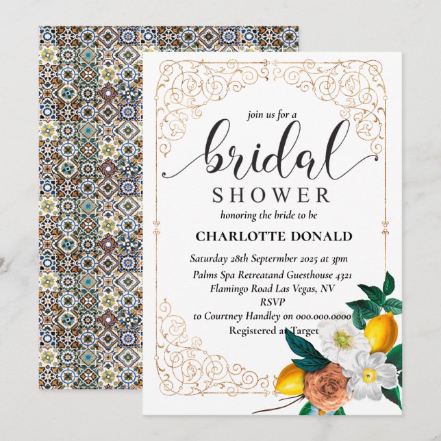 Mediterranean Italy Blue Tiles Bridal Shower  Einladung (Vorne/Hinten)