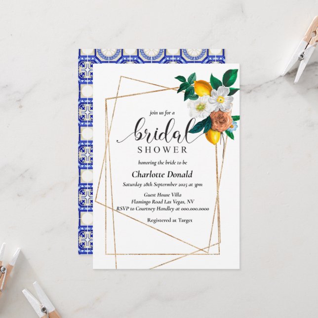 Mediterranean Italy Blue Tiles Bridal Shower  Einladung (Vorderseite/Rückseite Beispiel)