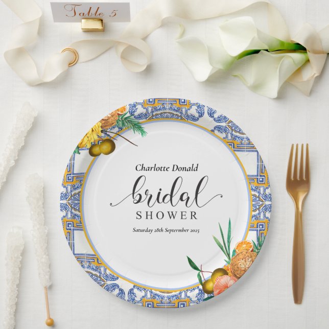 Mediterranean Italy Blue Tiles Bridal Shower  Pappteller (Hochzeit)