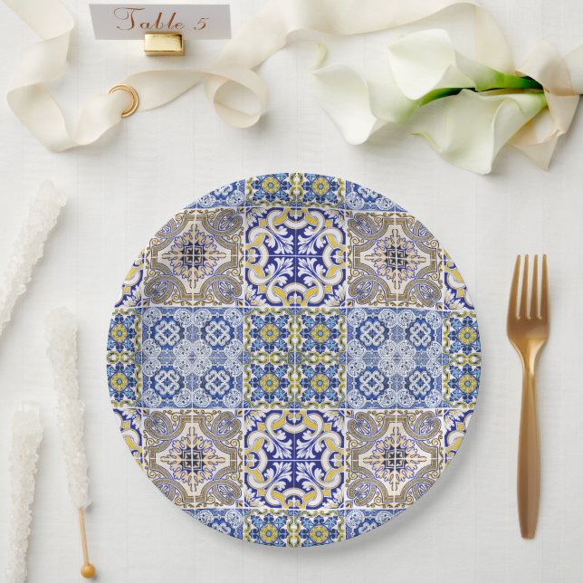 Mediterranean Italy Blue Tiles Bridal Shower  Pappteller (Hochzeit)