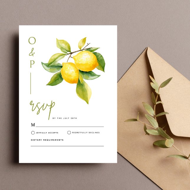 Mediterranean Italy Greece Lemon Vibrant Wedding RSVP Karte (Von Creator hochgeladen)