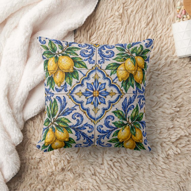 Mediterranean Lemon Azulejo Tile Kissen (Decke)