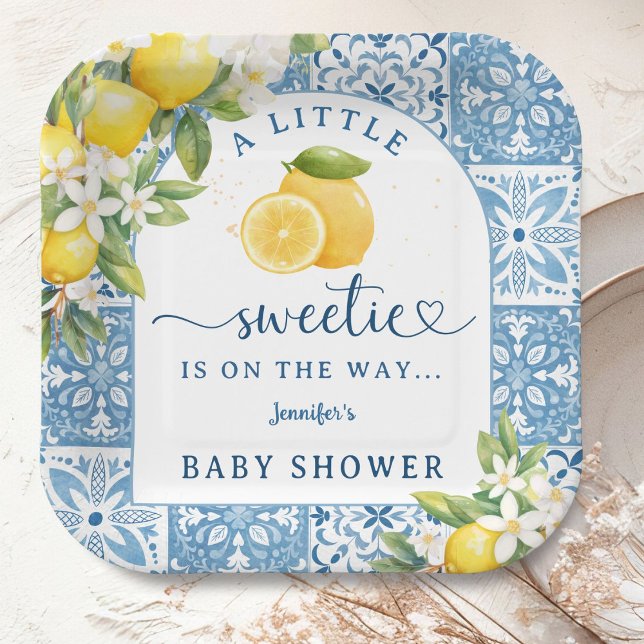 Mediterranean Lemon Baby Shower Blue Tiles Pappteller (Von Creator hochgeladen)