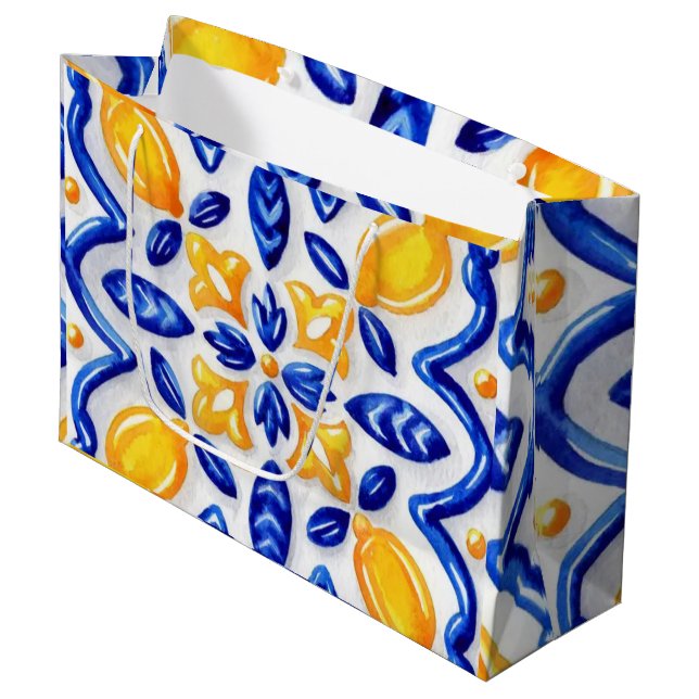 Mediterranean Lemon Blossom Ceramic Hand Painted  Große Geschenktüte (Vorderseite Schrägansicht)