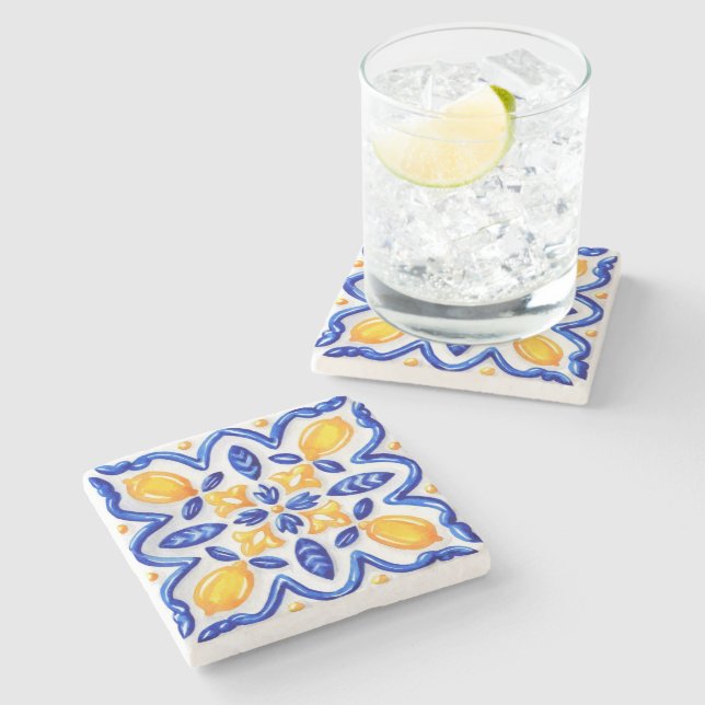 Mediterranean Lemon Blossom Ceramic Hand Painted  Steinuntersetzer (Seitenansicht)