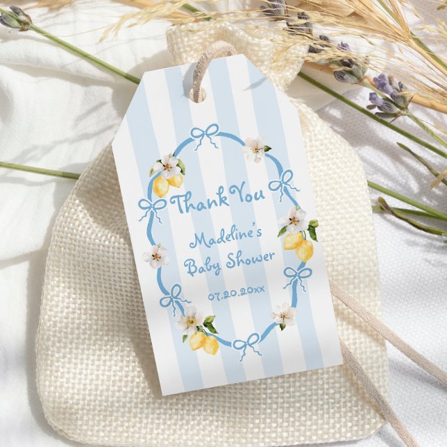 Mediterranean Lemon Blue Bows Baby Dusche Geschenkanhänger (Von Creator hochgeladen)