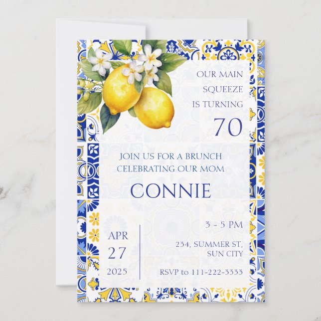Mediterranean Lemon Blue Tiles Italienisch Geburts Einladung (Vorderseite)