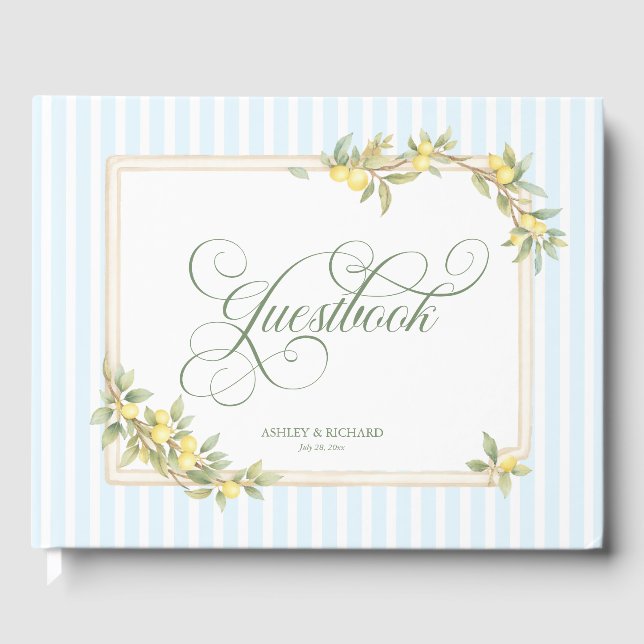 Mediterranean Lemon Coastal Stripe Wedding Gästebuch (Vorderseite)