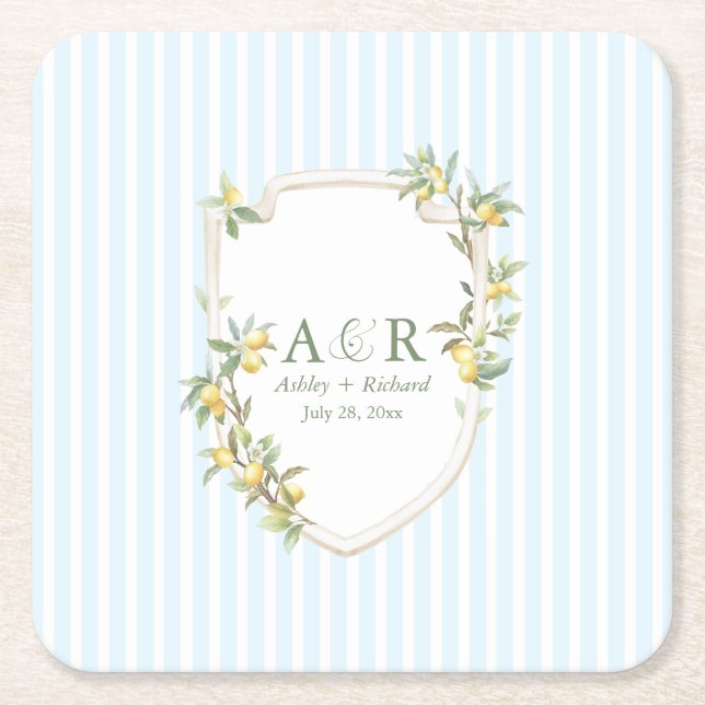 Mediterranean Lemon Coastal Stripe Wedding Rechteckiger Pappuntersetzer (Vorderseite)