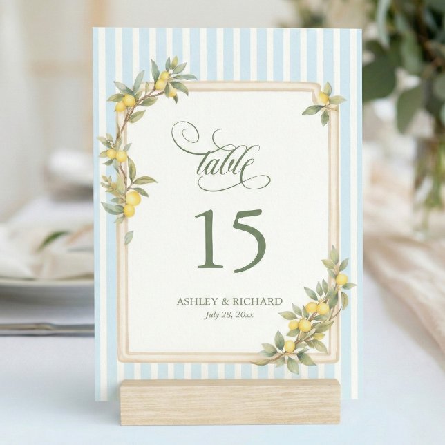 Mediterranean Lemon Coastal Stripe Wedding Tischnummer (elegant personalized mediterranean lemon coastal blue stripe table number with script calligraphy)