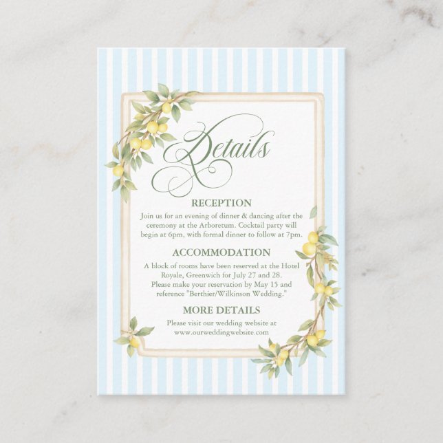 Mediterranean Lemon Coastal Wedding Details Begleitkarte (Vorderseite)