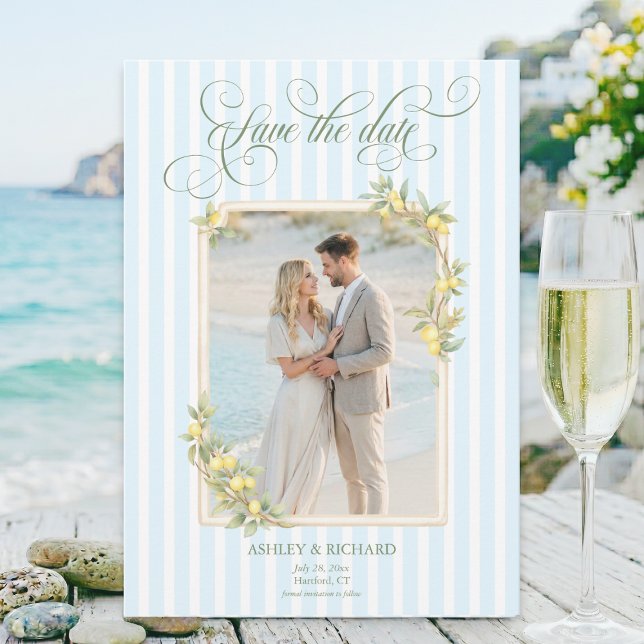 Mediterranean Lemon Coastal Wedding Photo Save The Date (elegant mediterranean citrus lemon coastal blue stripe couple photo wedding save the date card)
