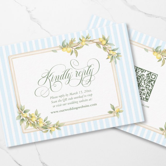 Mediterranean Lemon Coastal Wedding RSVP QR Code Begleitkarte (elegant kindly reply Mediterranean lemon wedding website RSVP QR code enclosure code)