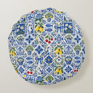 Mediterranean Lemon & Cobalt Blue Tile Garden Rundes Kissen
