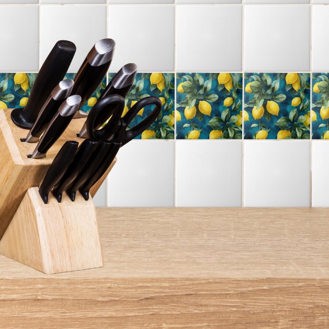 Mediterranean Lemon Watercolor Blue Yellow Pattern Fliese (Von Creator hochgeladen)