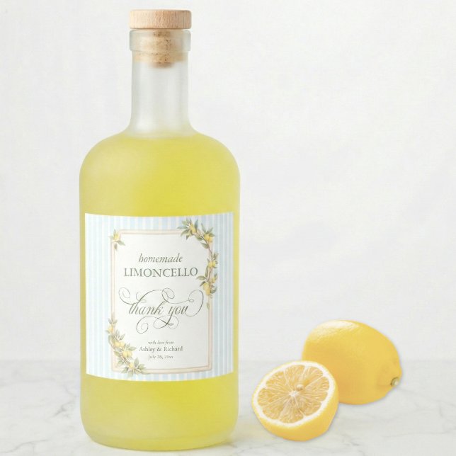 Mediterranean Lemon Wedding Limoncello Alkoholflaschenetikett (homemade limoncello thank you coastal blue stripe Mediterranean lemon wedding favor)