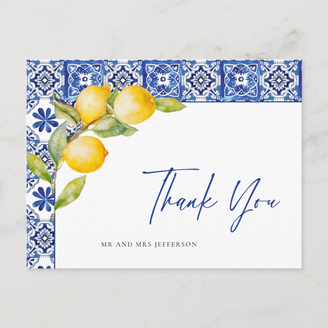 Mediterranean Lemons Blue Tiles Wedding Vielen Dan Postkarte (Vorderseite)