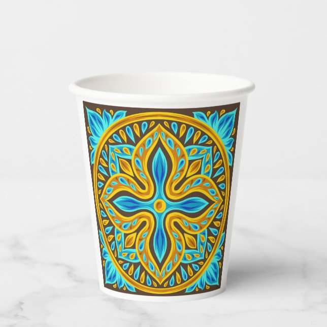 Mediterranean Moroccan Tile Pattern Blue and Gold Pappbecher (Vorderseite)