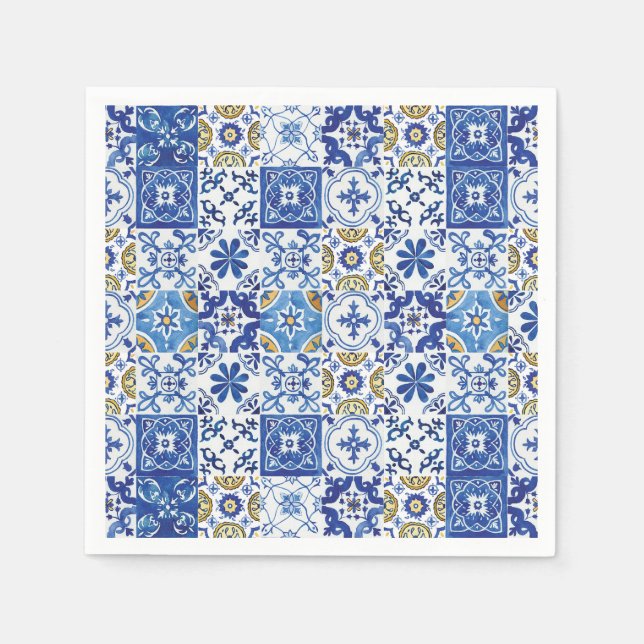 Mediterranean Mosaic Tiles Blue Birthday Party Serviette (Vorderseite)
