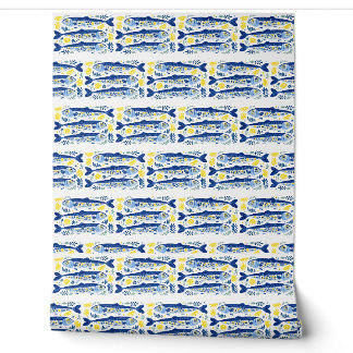 Mediterranean Summer Blue and Yellow Sardines Tapete